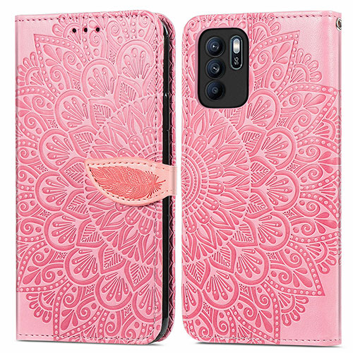 Leather Case Stands Fashionable Pattern Flip Cover Holder S04D for Oppo Reno6 Z 5G Rose Gold