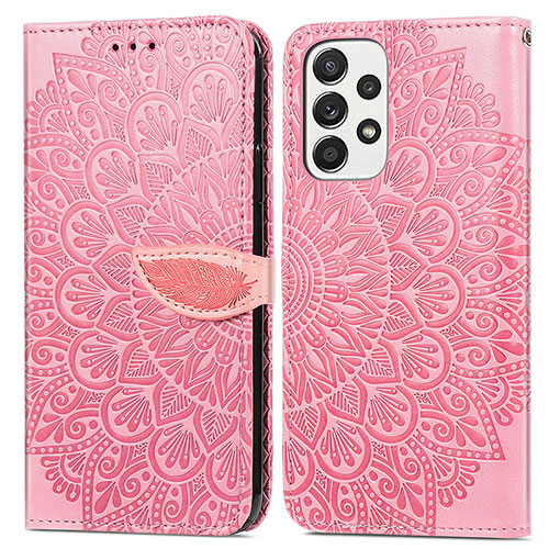 Leather Case Stands Fashionable Pattern Flip Cover Holder S04D for Samsung Galaxy A73 5G Rose Gold