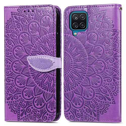 Leather Case Stands Fashionable Pattern Flip Cover Holder S04D for Samsung Galaxy F12 Purple