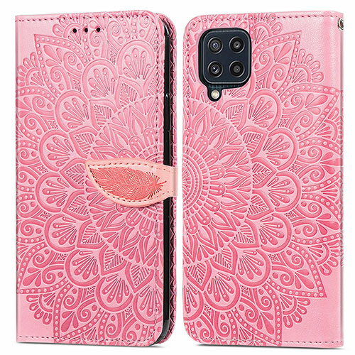 Leather Case Stands Fashionable Pattern Flip Cover Holder S04D for Samsung Galaxy M32 4G Rose Gold