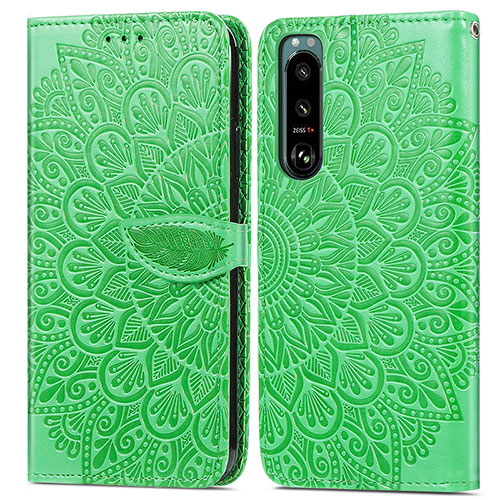 Leather Case Stands Fashionable Pattern Flip Cover Holder S04D for Sony Xperia 5 III Green