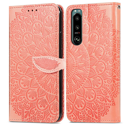 Leather Case Stands Fashionable Pattern Flip Cover Holder S04D for Sony Xperia 5 III Orange