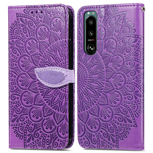 Leather Case Stands Fashionable Pattern Flip Cover Holder S04D for Sony Xperia 5 III Purple