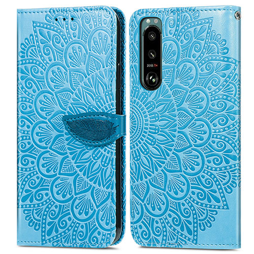 Leather Case Stands Fashionable Pattern Flip Cover Holder S04D for Sony Xperia 5 III SO-53B Blue