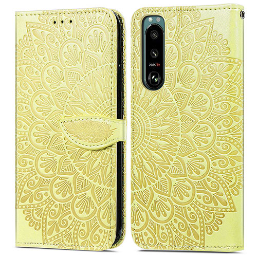 Leather Case Stands Fashionable Pattern Flip Cover Holder S04D for Sony Xperia 5 III Yellow