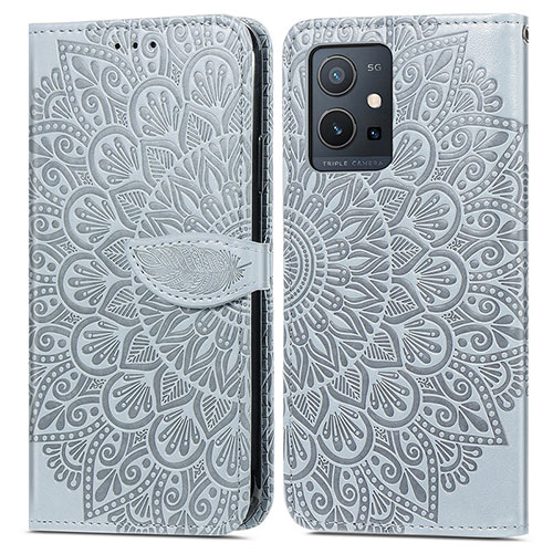 Leather Case Stands Fashionable Pattern Flip Cover Holder S04D for Vivo T1 5G India Gray