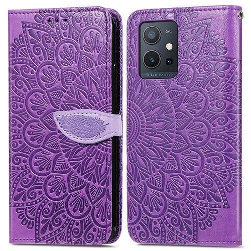 Leather Case Stands Fashionable Pattern Flip Cover Holder S04D for Vivo T1 5G India Purple