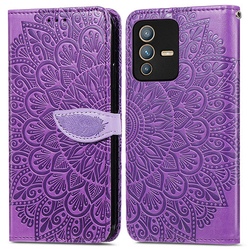 Leather Case Stands Fashionable Pattern Flip Cover Holder S04D for Vivo V23 5G Purple