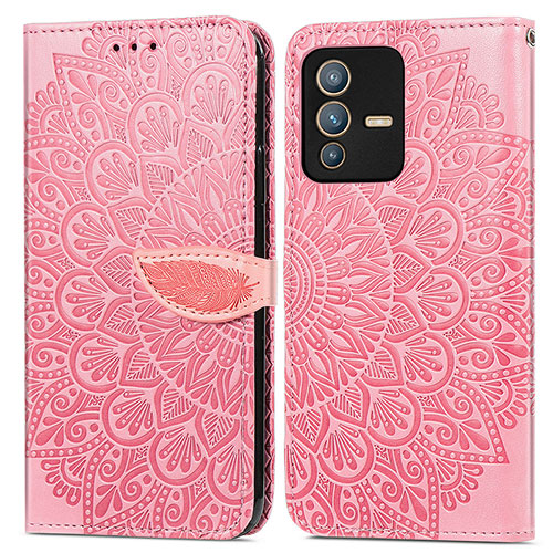 Leather Case Stands Fashionable Pattern Flip Cover Holder S04D for Vivo V23 5G Rose Gold