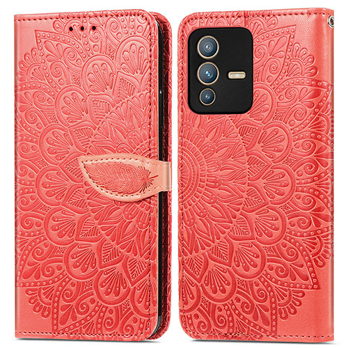 Leather Case Stands Fashionable Pattern Flip Cover Holder S04D for Vivo V23 Pro 5G Red