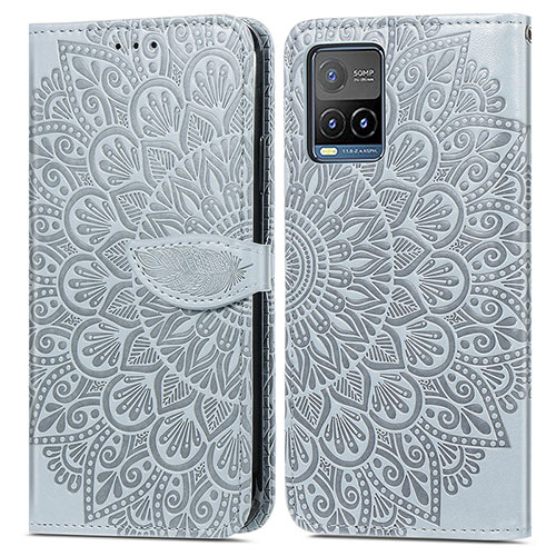 Leather Case Stands Fashionable Pattern Flip Cover Holder S04D for Vivo Y21a Gray