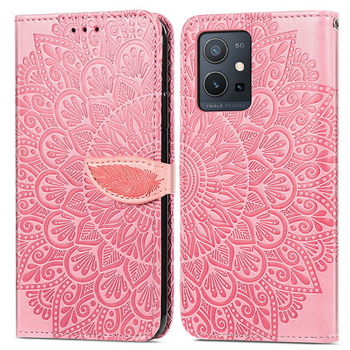 Leather Case Stands Fashionable Pattern Flip Cover Holder S04D for Vivo Y33e 5G Rose Gold