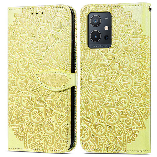 Leather Case Stands Fashionable Pattern Flip Cover Holder S04D for Vivo Y33e 5G Yellow