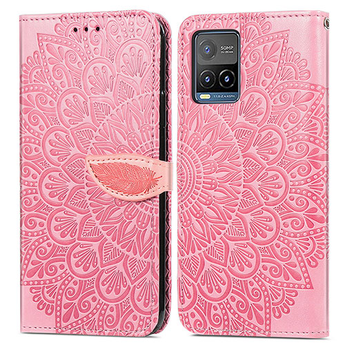 Leather Case Stands Fashionable Pattern Flip Cover Holder S04D for Vivo Y33s Rose Gold