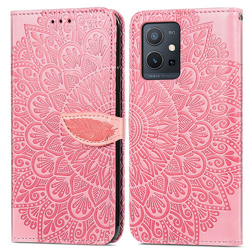 Leather Case Stands Fashionable Pattern Flip Cover Holder S04D for Vivo Y55 5G Rose Gold