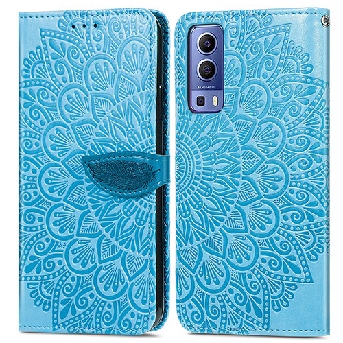 Leather Case Stands Fashionable Pattern Flip Cover Holder S04D for Vivo Y72 5G Blue