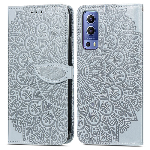 Leather Case Stands Fashionable Pattern Flip Cover Holder S04D for Vivo Y72 5G Gray