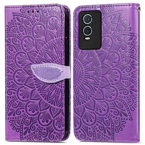 Leather Case Stands Fashionable Pattern Flip Cover Holder S04D for Vivo Y74s 5G Purple