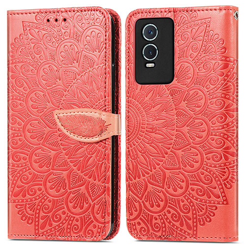 Leather Case Stands Fashionable Pattern Flip Cover Holder S04D for Vivo Y74s 5G Red