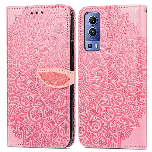 Leather Case Stands Fashionable Pattern Flip Cover Holder S04D for Vivo Y75s 5G Rose Gold