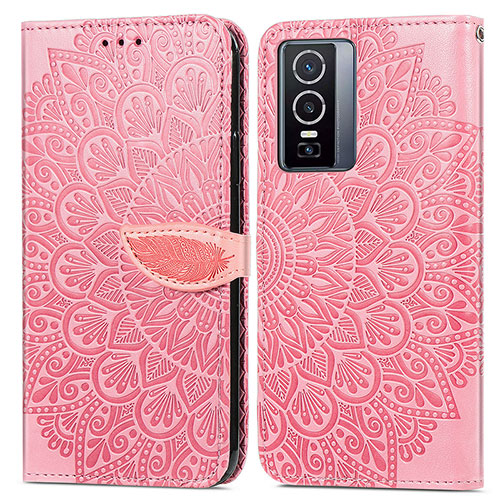 Leather Case Stands Fashionable Pattern Flip Cover Holder S04D for Vivo Y76 5G Rose Gold