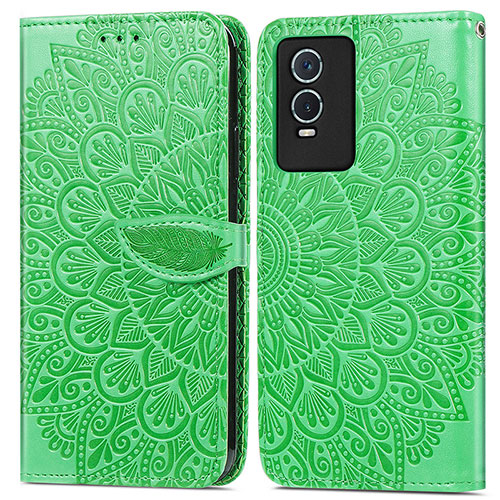 Leather Case Stands Fashionable Pattern Flip Cover Holder S04D for Vivo Y76s 5G Green