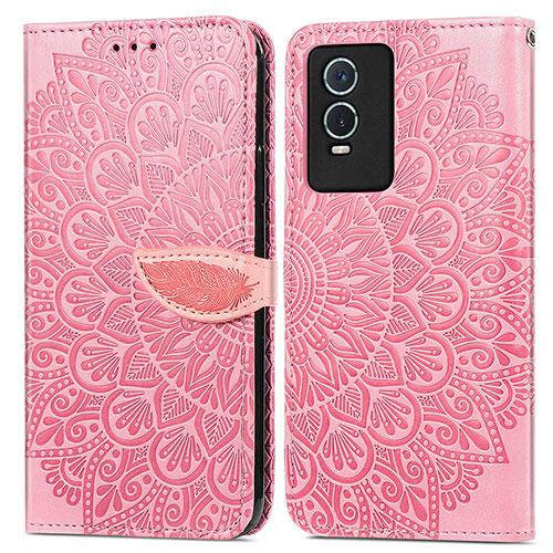Leather Case Stands Fashionable Pattern Flip Cover Holder S04D for Vivo Y76s 5G Rose Gold