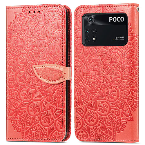 Leather Case Stands Fashionable Pattern Flip Cover Holder S04D for Xiaomi Poco M4 Pro 4G Red