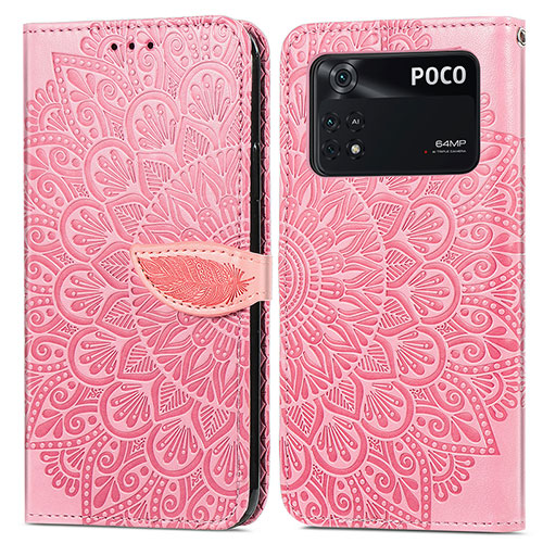 Leather Case Stands Fashionable Pattern Flip Cover Holder S04D for Xiaomi Poco M4 Pro 4G Rose Gold