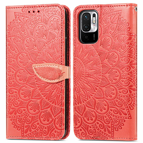 Leather Case Stands Fashionable Pattern Flip Cover Holder S04D for Xiaomi Redmi Note 10T 5G Red