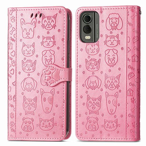 Leather Case Stands Fashionable Pattern Flip Cover Holder S05D for Nokia C32 Pink