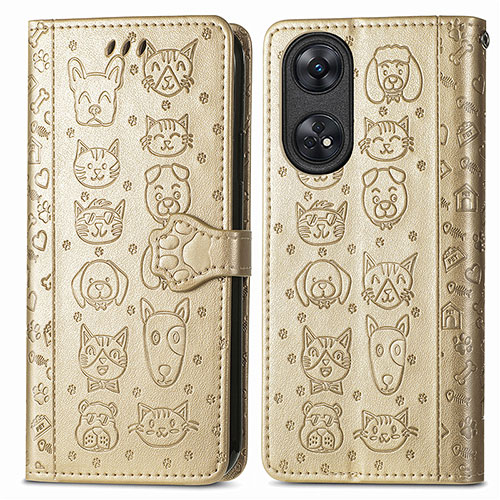 Leather Case Stands Fashionable Pattern Flip Cover Holder S05D for Oppo Reno8 T 4G Gold