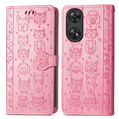 Leather Case Stands Fashionable Pattern Flip Cover Holder S05D for Oppo Reno8 T 4G Pink