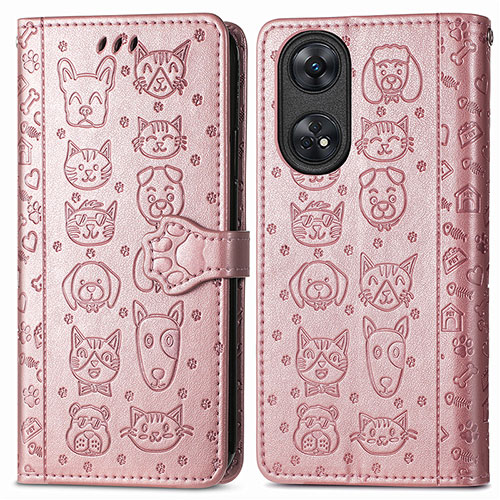 Leather Case Stands Fashionable Pattern Flip Cover Holder S05D for Oppo Reno8 T 4G Rose Gold