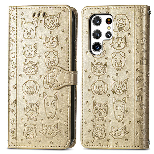 Leather Case Stands Fashionable Pattern Flip Cover Holder S05D for Samsung Galaxy S22 Ultra 5G Gold