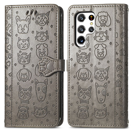 Leather Case Stands Fashionable Pattern Flip Cover Holder S05D for Samsung Galaxy S22 Ultra 5G Gray