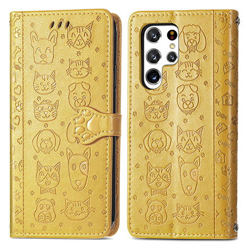 Leather Case Stands Fashionable Pattern Flip Cover Holder S05D for Samsung Galaxy S22 Ultra 5G Yellow