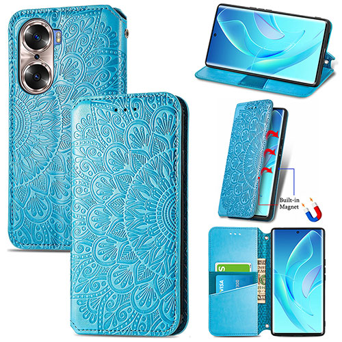 Leather Case Stands Fashionable Pattern Flip Cover Holder S07D for Huawei Honor 60 5G Blue