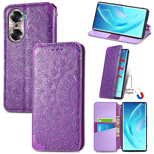 Leather Case Stands Fashionable Pattern Flip Cover Holder S07D for Huawei Honor 60 Pro 5G Purple