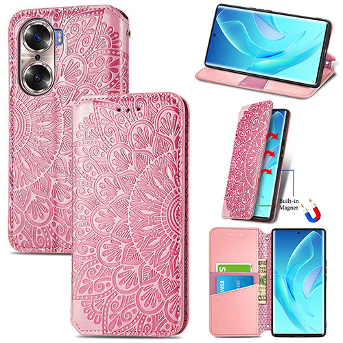 Leather Case Stands Fashionable Pattern Flip Cover Holder S07D for Huawei Honor 60 Pro 5G Rose Gold