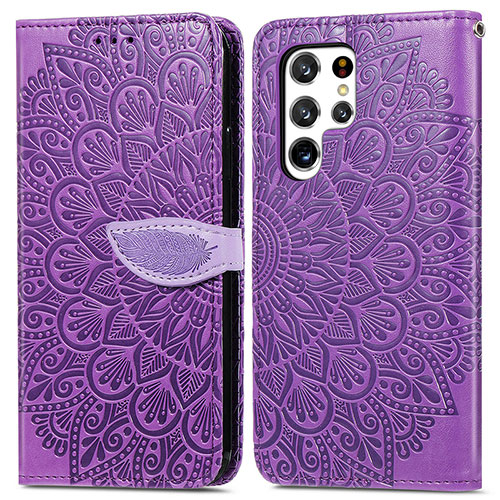 Leather Case Stands Fashionable Pattern Flip Cover Holder S07D for Samsung Galaxy S21 Ultra 5G Purple