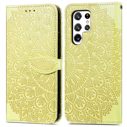 Leather Case Stands Fashionable Pattern Flip Cover Holder S07D for Samsung Galaxy S22 Ultra 5G Yellow