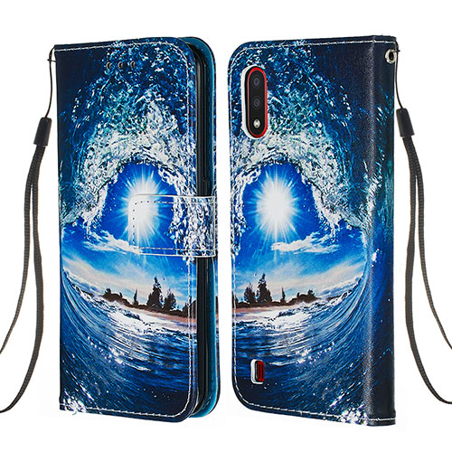 Leather Case Stands Fashionable Pattern Flip Cover Holder Y02B for Samsung Galaxy A01 SM-A015 Blue
