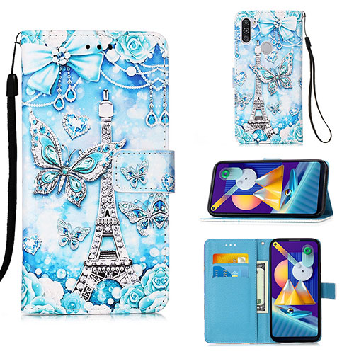 Leather Case Stands Fashionable Pattern Flip Cover Holder Y02B for Samsung Galaxy A11 Mint Blue