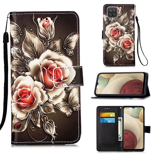 Leather Case Stands Fashionable Pattern Flip Cover Holder Y02B for Samsung Galaxy A12 Black