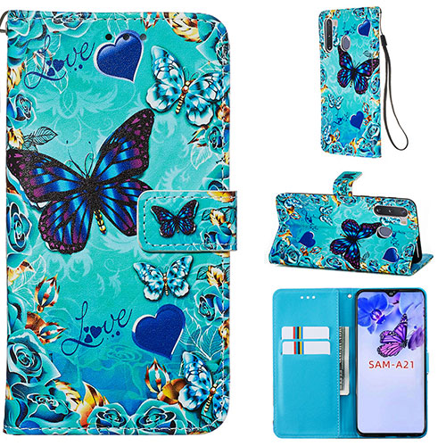 Leather Case Stands Fashionable Pattern Flip Cover Holder Y02B for Samsung Galaxy A21 European Sky Blue