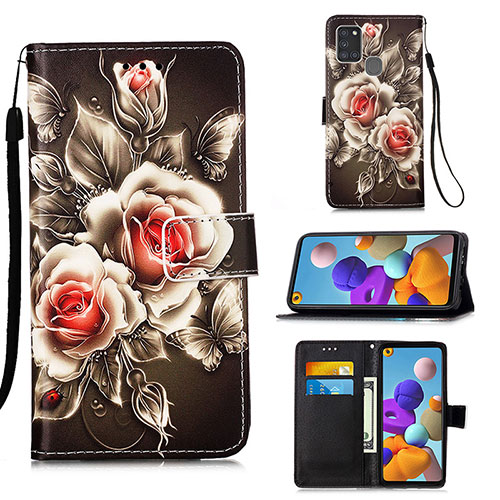 Leather Case Stands Fashionable Pattern Flip Cover Holder Y02B for Samsung Galaxy A21s Black