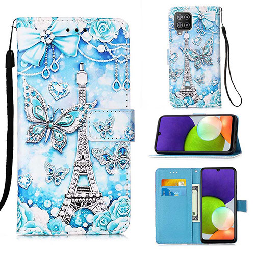 Leather Case Stands Fashionable Pattern Flip Cover Holder Y02B for Samsung Galaxy A22 4G Mint Blue