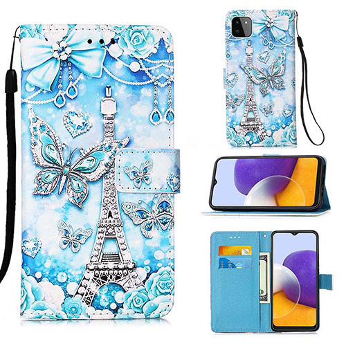 Leather Case Stands Fashionable Pattern Flip Cover Holder Y02B for Samsung Galaxy A22 5G Mint Blue