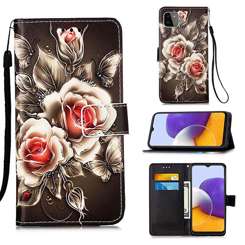 Leather Case Stands Fashionable Pattern Flip Cover Holder Y02B for Samsung Galaxy A22s 5G Black